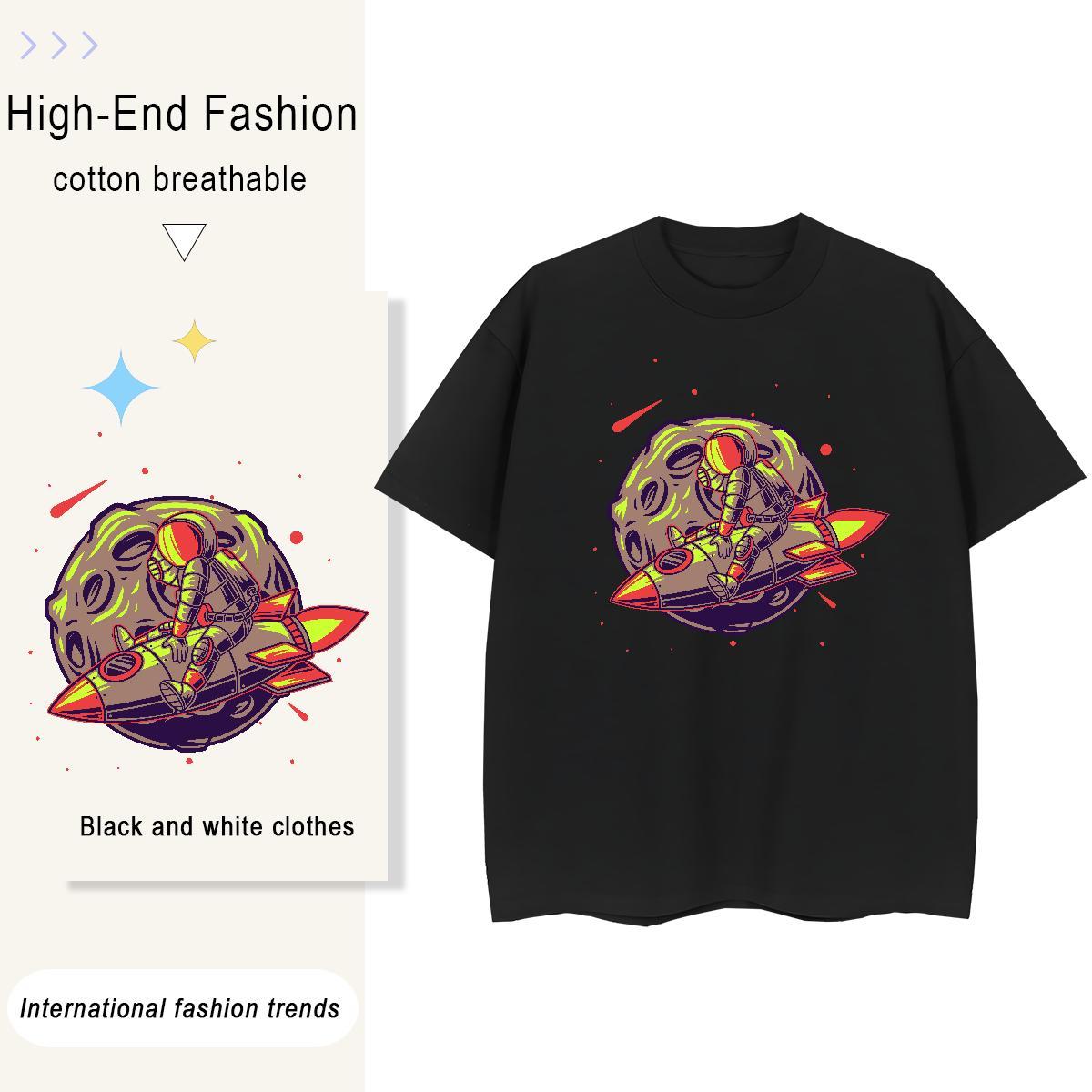 Loose fit Unisex Tshirts 100% Cotton 230g cosmonaut Casual Daily Wear Women T Shirts O Neck Short Sleeves Black White Tops Shirt