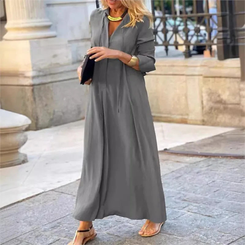 Womens Dress With Solid Color Lapel Long Sleeved Simple Casual Tie V-neck Long Shirt Loose Fitting Womens Dress Y2k 240824