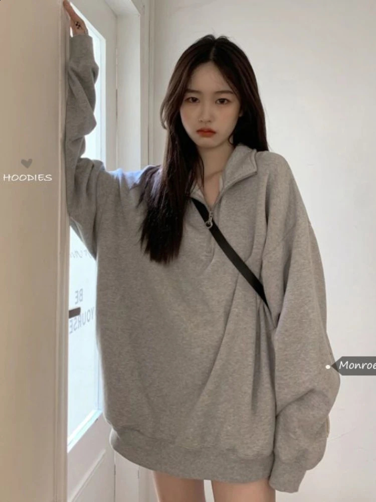 Deeptown Korean Fashion Gray Oversized Sweatshirts Women Harajuku Zip Up Hoodie Vintage Loose Casual Polo Collar Pullover Tops 240824