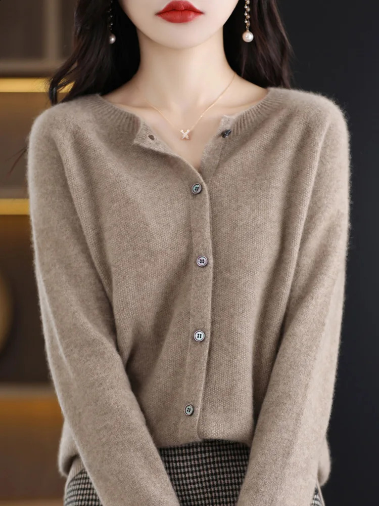 Women O-Neck Cashmere Cardigan 100% Merino Wool Sweater Buttoned Long Sleeve Knitwear For Spring Autumn Solid Basic Top Clothing 240824