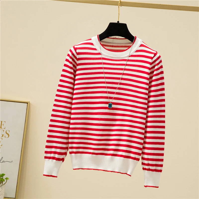 Knitting Sweater Womens O Neck Loose Long Sleeve Thin Soft Pullover Tops Femme Striped Basic Casual All-match Knitwear Female 240824