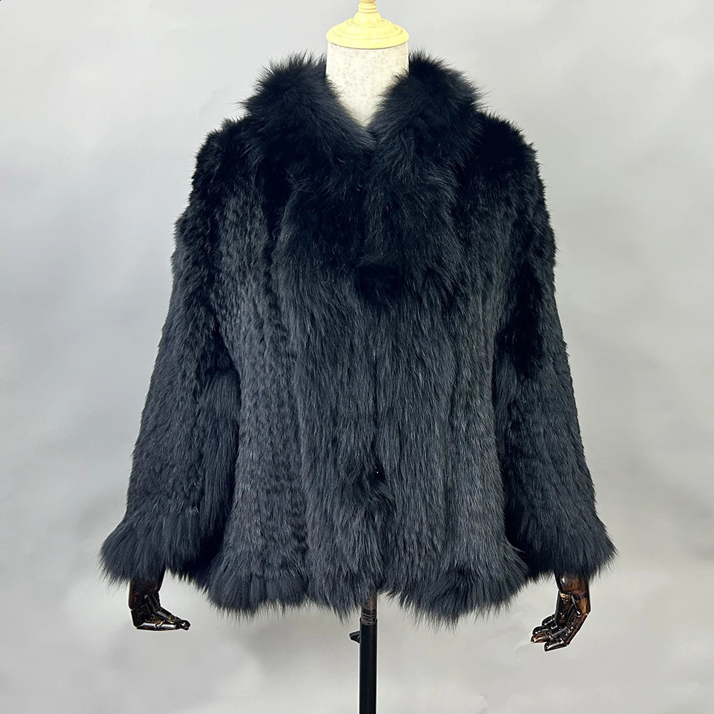 Genuine Natural Knitted Rabbit Fur Shawl Coat With Fox Collar Womens Fashion Knit Jacket Cape 251022