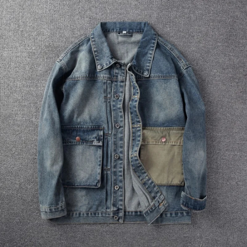 Mens denim jacket solid casual collar 3D decal work pocket fashionable cotton loose mens Chaquetas Vaqueras 240824
