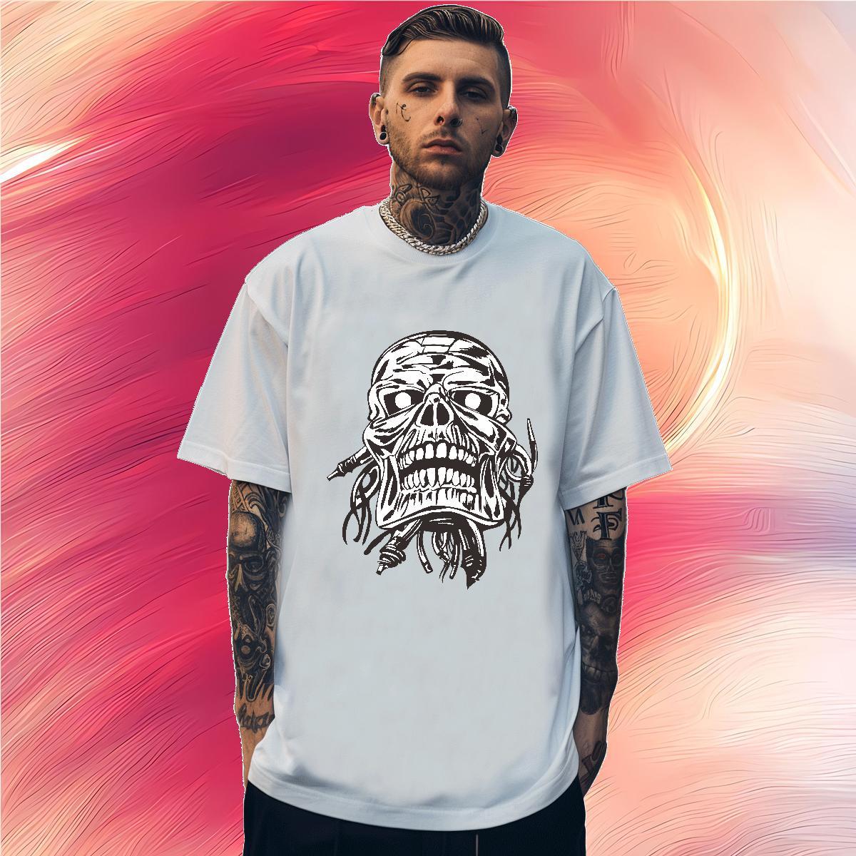 Classic Man T Shirts 230g 100% Cotton skull Casual Floral Print Short Sleeve O-Neck Men Tops Tees Custom Top Tees