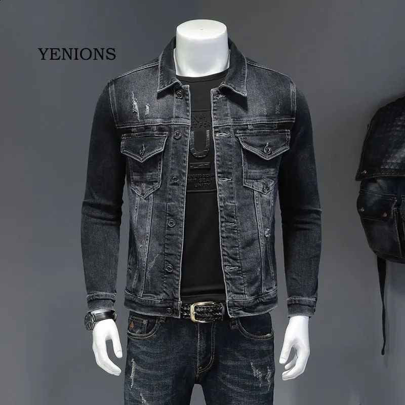 Mens denim jacket blue gray cotton swivel collar long sleeves ultrathin clothes motorcycle jeans mens 240824
