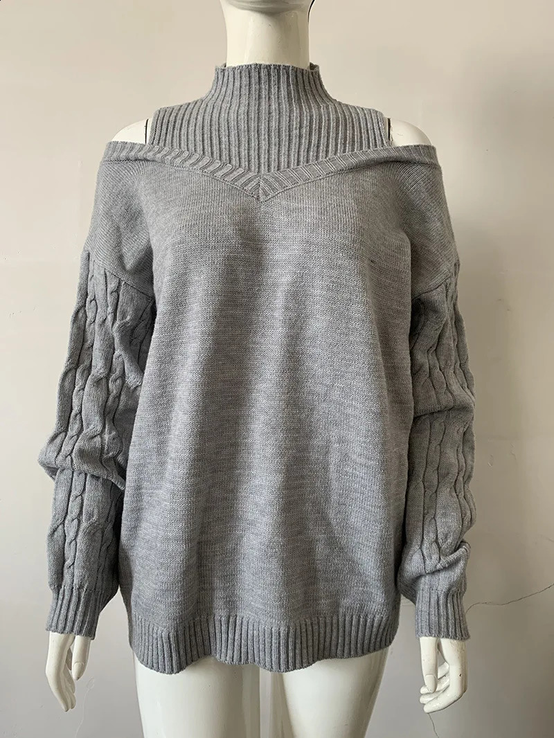 Autumn Winter Off Shoulder High Neck Long Sleeve European and American Sweater Loose Knit Cardigan 240824