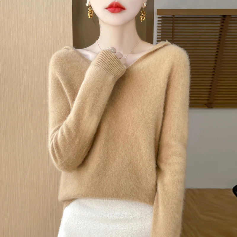 100% Merino Wool Knitted Hoodie Spring Autumn Womens Clothing First-line Hooded Collar Knitted Pullover Shirt Fashion Tops 240824