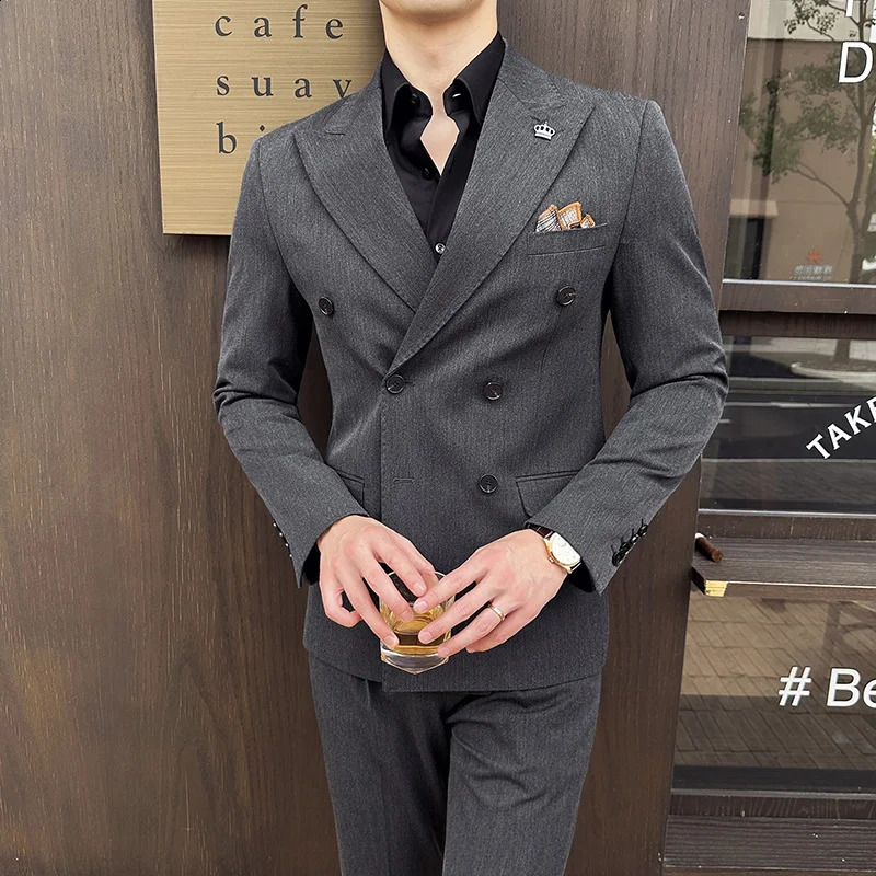 JacketsVestPants High Quality DoubleBreasted Business Suits Men Solid Color Casual Grooms Wedding Dress Man Blazers 5XL 240824