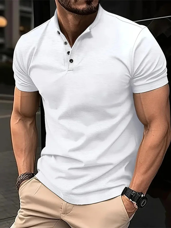 Mens POLO shirt button Henry collar short-sleeved pullover casual sports solid color stand collar trend T-shirt 240814