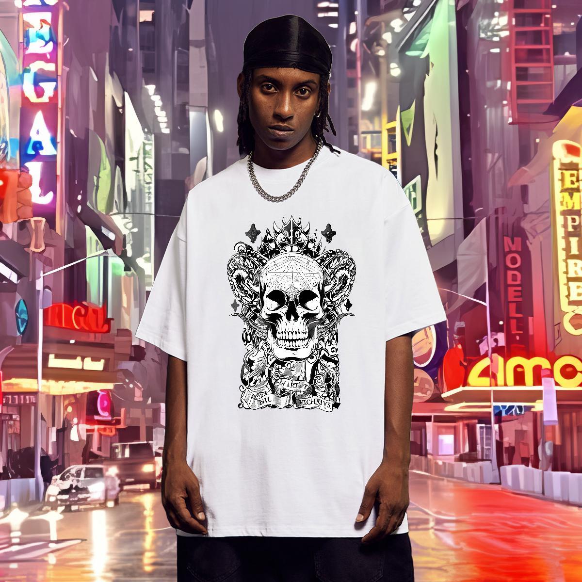 Classic T Shirts Men 230g Cotton skull Hip Hop Custom Anime Breathable Crew Neck Men Tshirts Fashion Design Tees Shirts
