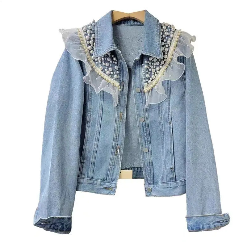 Korean Style Heavy Industry Pearl Lace Denim Jacket Top Loose Long Sleeve Short Jean Jacket Coat Women Spring Clothing 240824