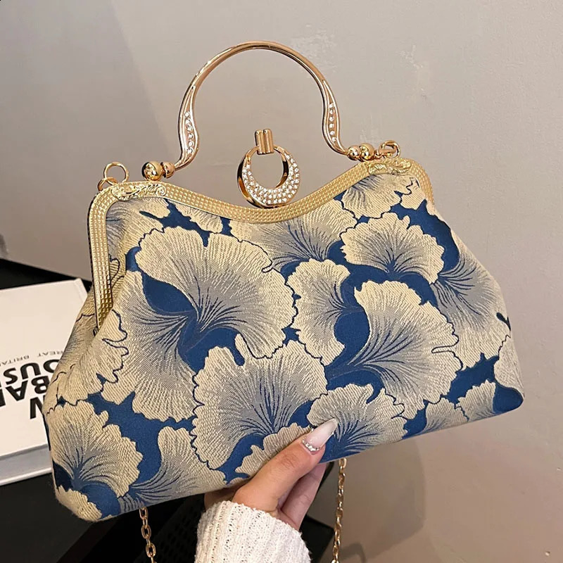 Floral Print Small Tote 2024 Women Green Handbags Party Clutch Female Dinner Chain Shoulder Bags Messenger 240824