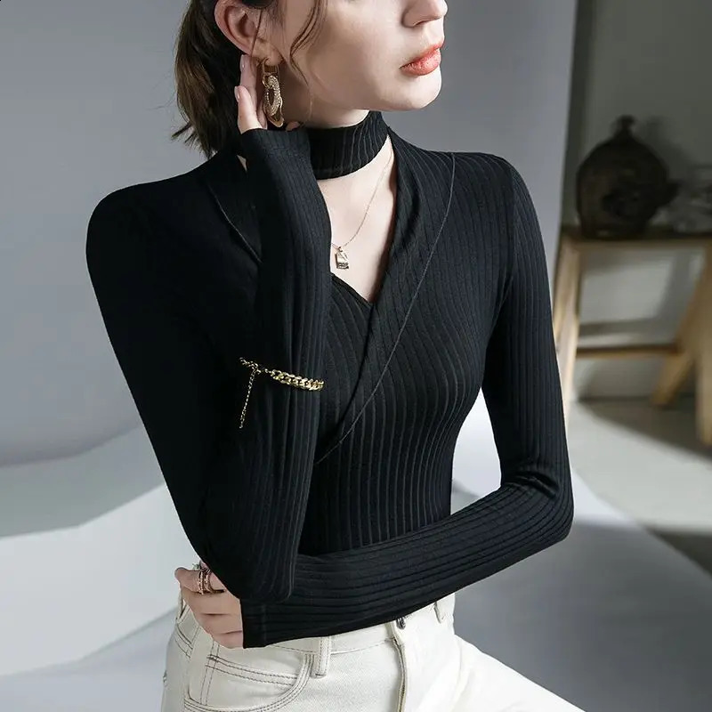 Elegant Fashion Hollow Halter Solid Color All-match Long Sleeve Tops Sexy Slim Spliced Knitted Sweaters Jumpers Womens Clothing 240824