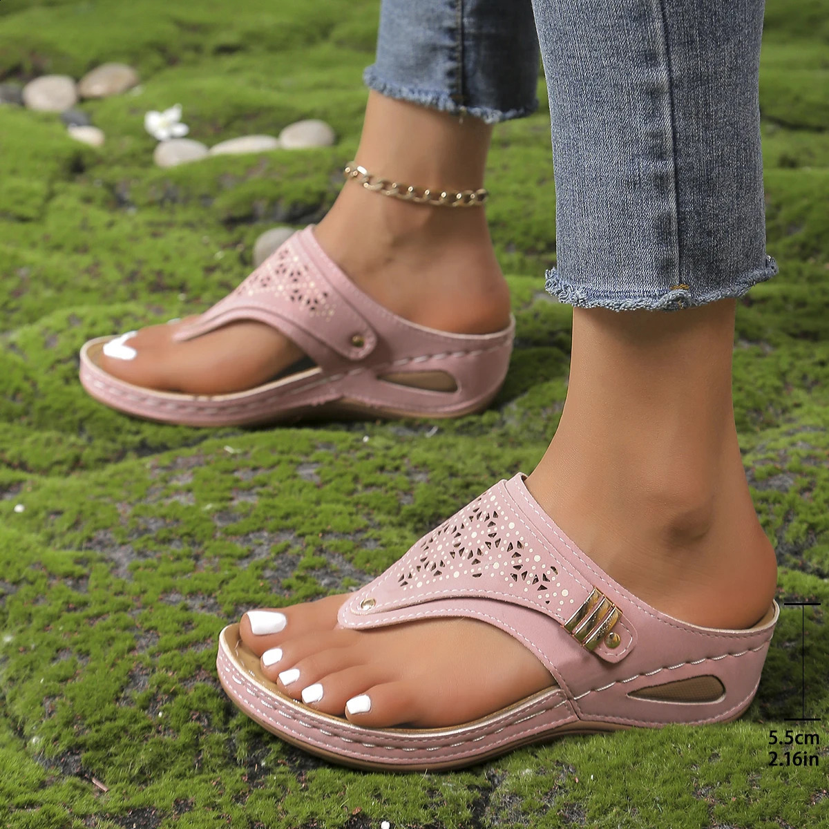 Womens leather anti slip soft platform shoes flip slippers summer womens wedge sandals with heels orthopedic sandals 43 240823 ww