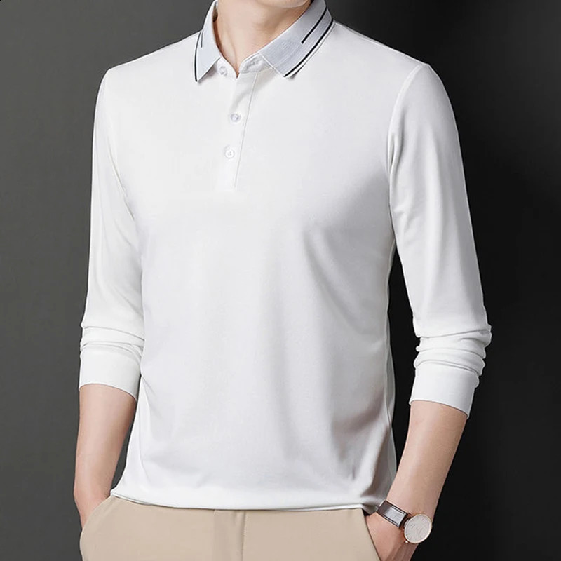 Mens Solid Long Sleeve T-shirt Polo Spring Autumn Casual Loose Bottom Casual Business Clothing Fashion Button Shirts 240824