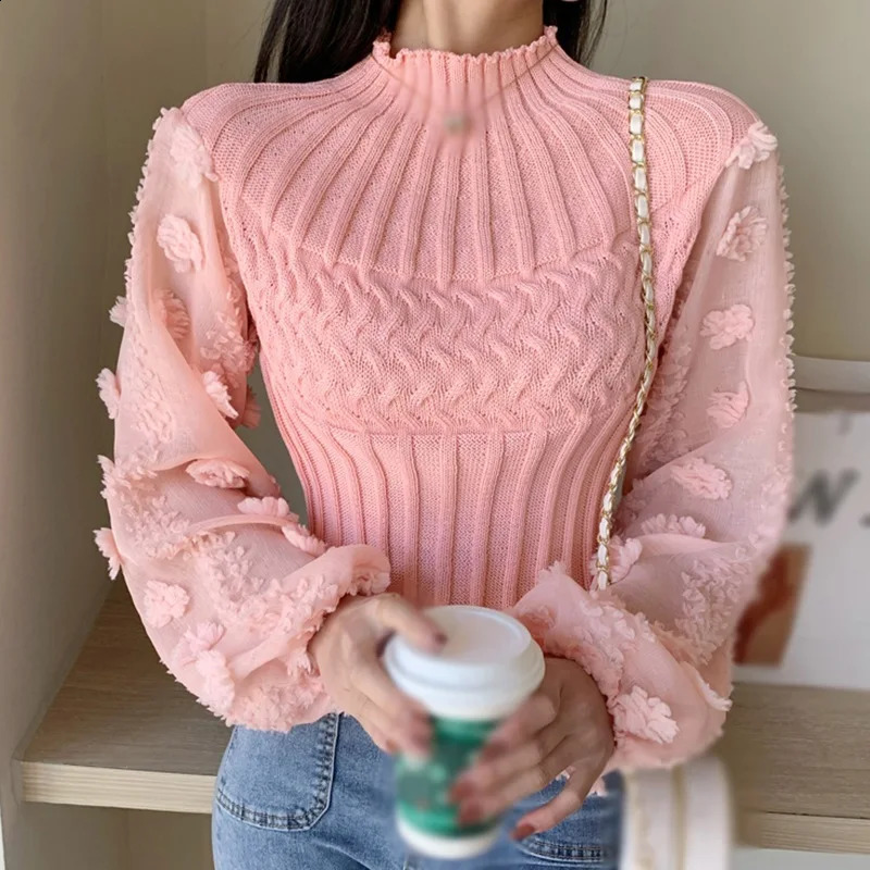 Womens Tight Sweater T-shirt Puff Sleeve Mesh Stitching Crew Neck Slim Tops Knitted Warm Pullover 240824