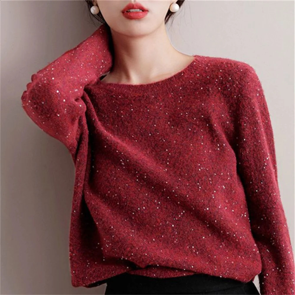 Korean Fashion sweater womens autumn winter solid color shiny wool Pullover Sequin bottomed sweaters Basic outerwear 240824