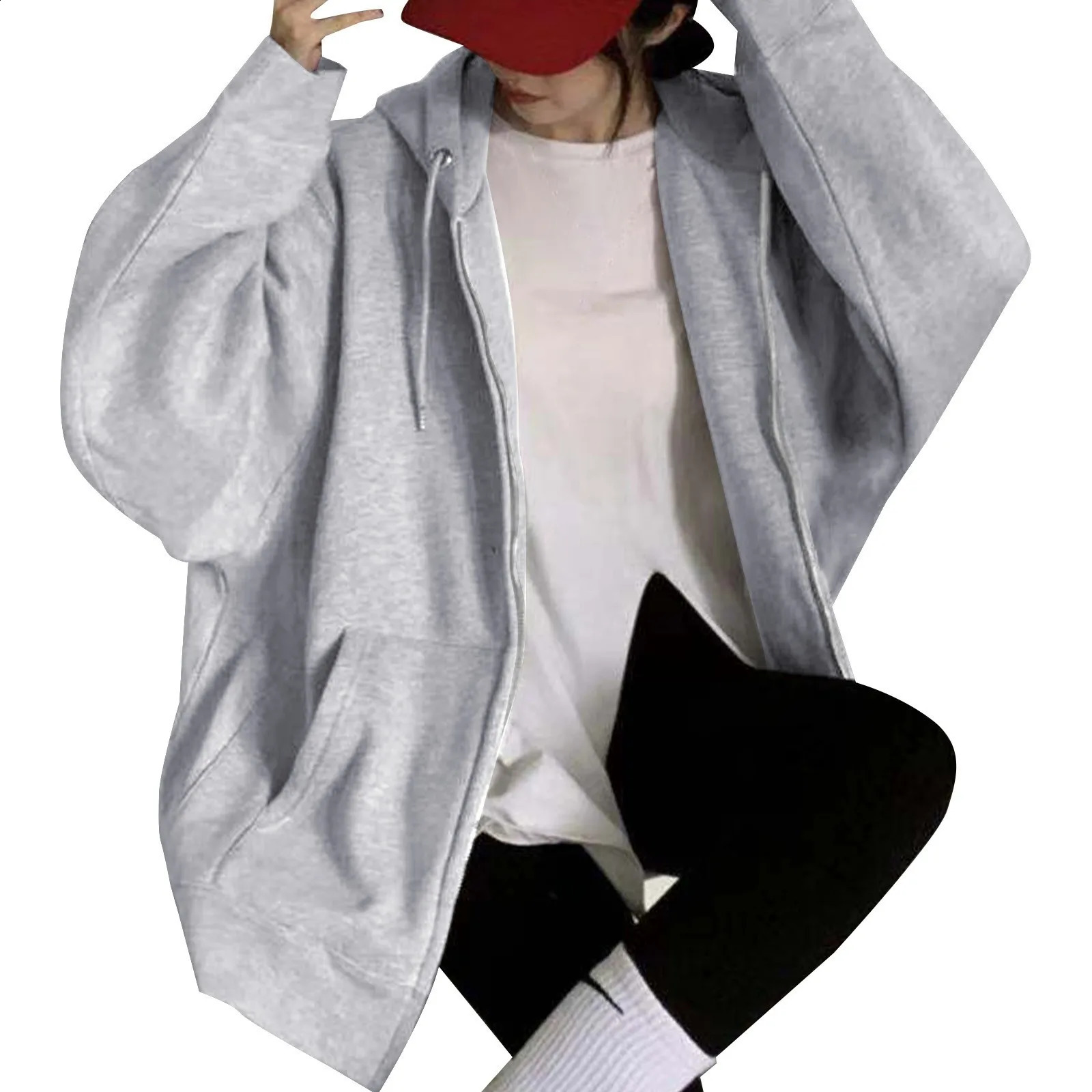 Ladies Hooded Sweatshirt Jacket Harajuku Fashion Solid Color Loose Zip Up Jacket Long Length Outwear Tops For Women Y2k Tops 240824