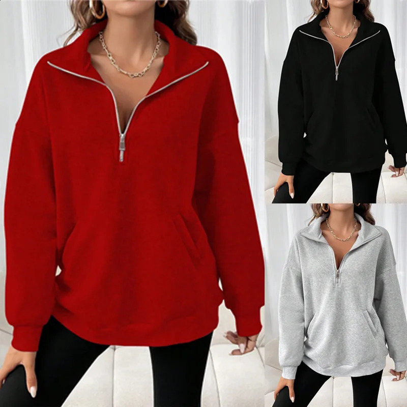grey Autumn Winter Womens Hoodies Solid Color Loose Short Half Zip Pockets Thumb Hole Long Sleeve Pullover Sweatshirts hoody 240824
