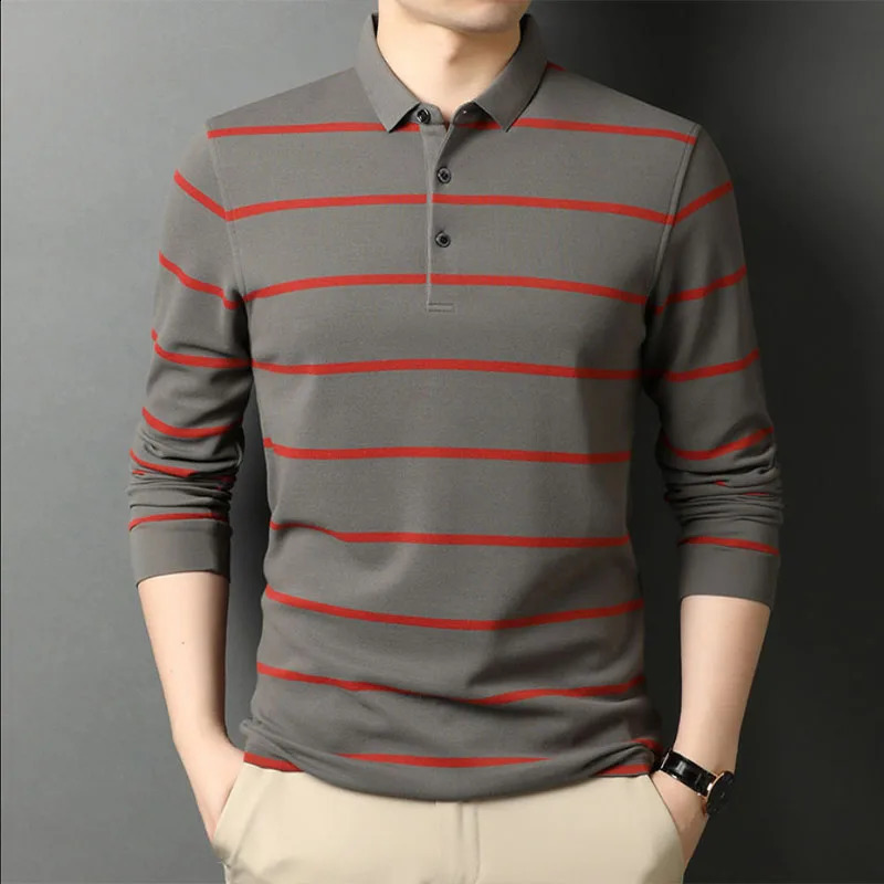 Spring Autumn Polo-Neck All-match Long Sleeve Top Striped Korean Fashion Business Male Button Clothes Shirts for Men 240824
