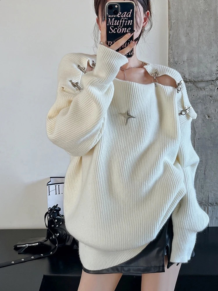 Y2K Oversized Sweater Women Korean Fashion Sexy Off Shoulder Pullovers Female Autumn Winter Casual Loose Metal Jumpers 240824