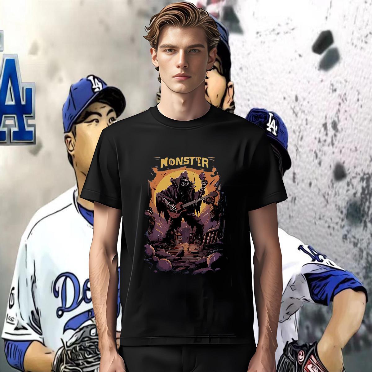 High Quality T Shirts Men 230g Cotton guitar Daily Outfit Floral Print Breathable Short Sleeve Men Tshirts 2024 New Wear