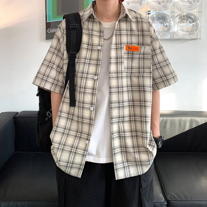 Japanese Plaid Short Sleeve Mens Shirt Yellow Vintage Slim Fit Smooths Your Silhouette Elegant Thin Style Half Sleeve Tops 240824