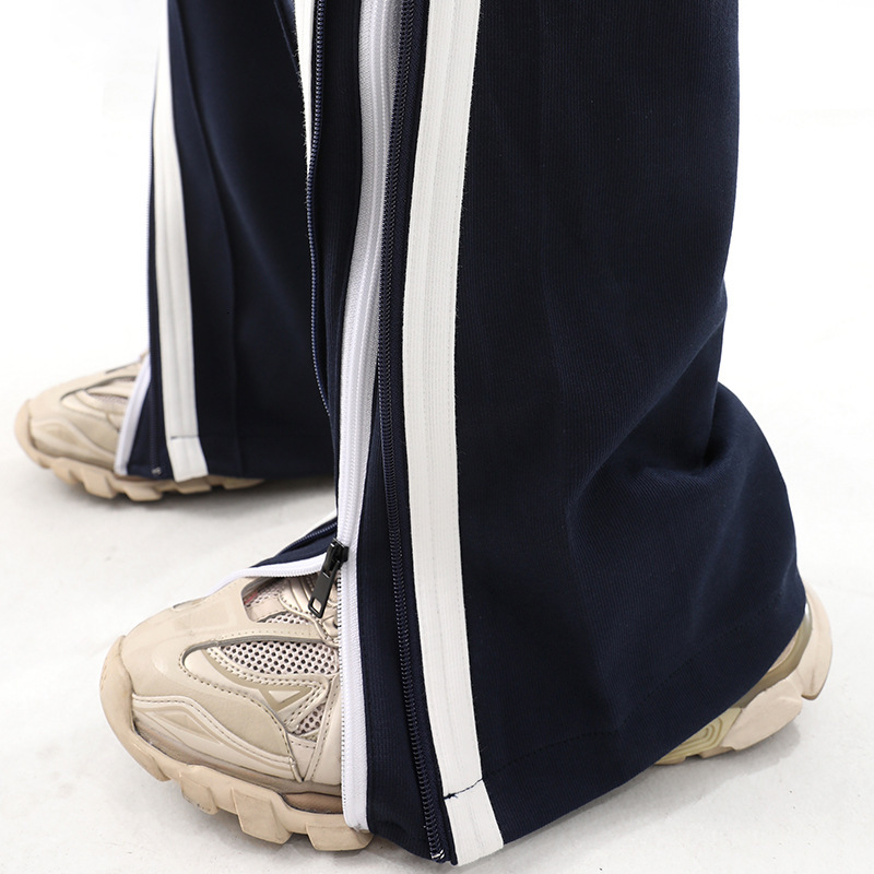 American High Street Double Zipper Striped Hanging Wide Leg Pants for Men Spring Casual Sports Pants Design Pants