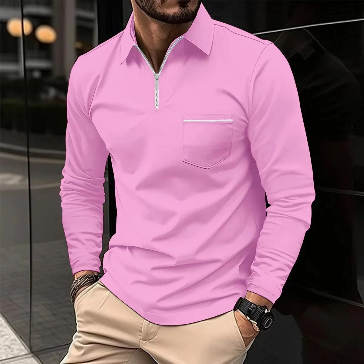 Spring Autumn Mens Daily Casual Simple Style Solid Color Zipper Splicing Pocket Breathable Slim Long-Sleeved Lapel Polo Shirt 240824