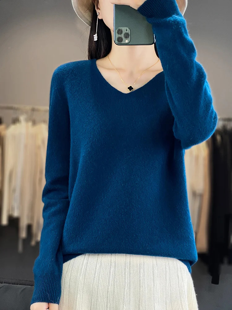 Fashion 100% Merino Wool Sweater Basic Cashmere Women Knitwear Pullover V-Neck Long Sleeve Autumn Winter Clothing Tops 240824