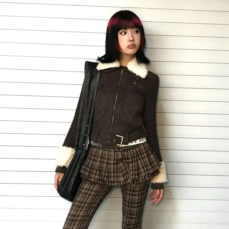Karrram Japanese Y2k Fur Coat Womens Retro Brown Knitted Jacket Korean Zipper Winter 2000s Aesthetics 240824