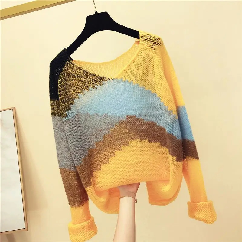 Autumn/Winter Korean Edition Simple Fashion Casual Knitted Sweater Long Sleeve Loose Color Blocking Womens T-shirt Top 240824