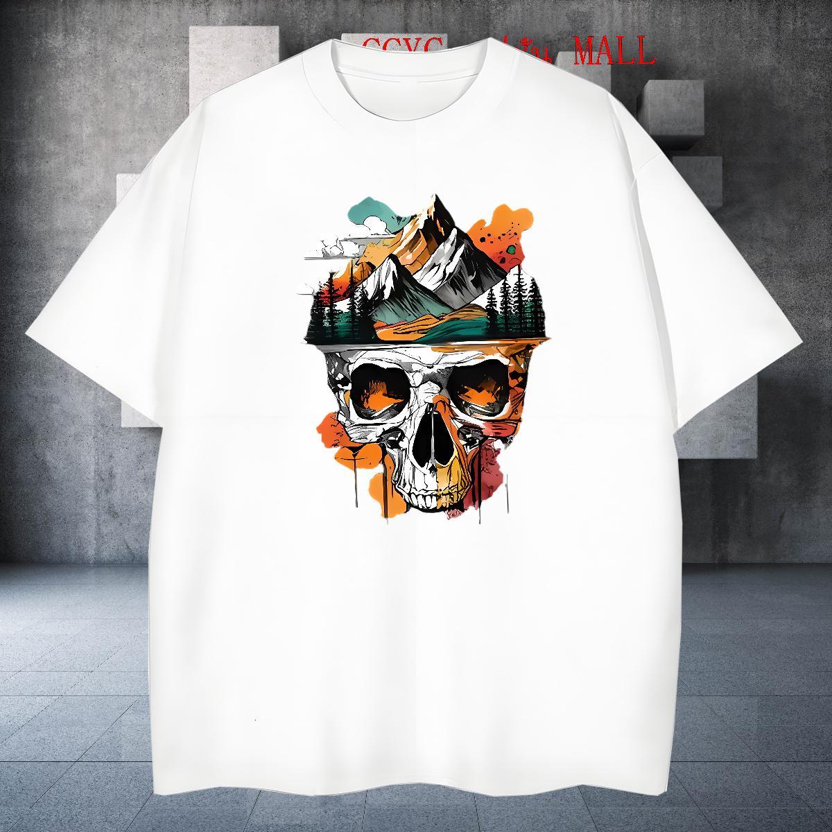 Wholesale T Shirts Men 230g Cotton skull Daily Outfit Plus Size Cartoon Short Sleeve O-Neck Men Clothes T-Shirt Designer Tees