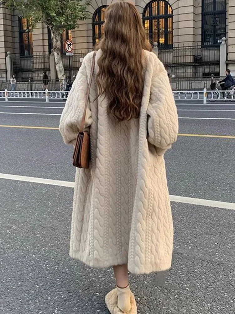 Winter Warm Artificial Mink Long Coat Womens South Korean Thick Cotton Pad Lined Jacket Single Chest Loose Rabbit Plus Abrigos 240824