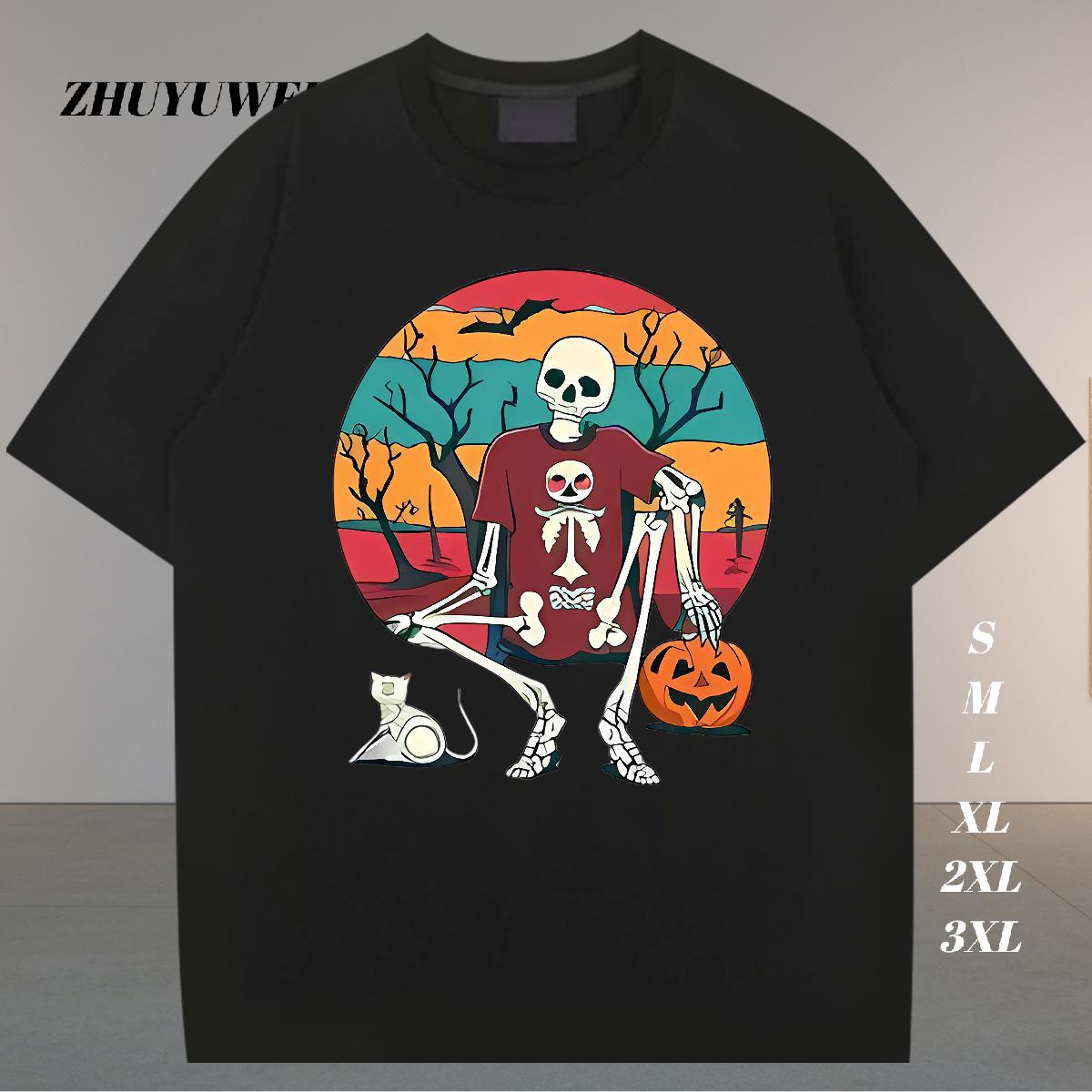 Loose Fit T-Shirts for Men 230g Pure Cotton halloween Street Casual Anime Print Crew Neck Men Clothes T-Shirt New Arrival Wear