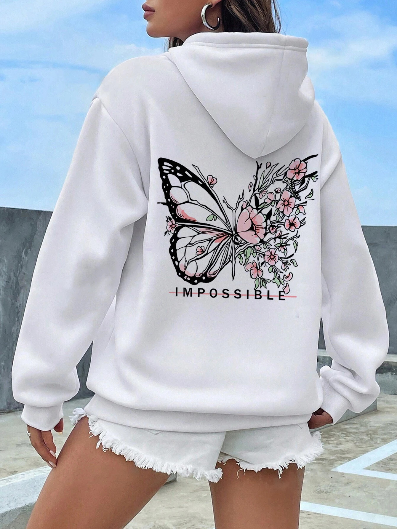 Rose Butterfly Impossible Letter Graphic Print Women Sweatshirt Fashion Warm Hooded Loose Casual Hoodies Fleece Soft Clothing 240824