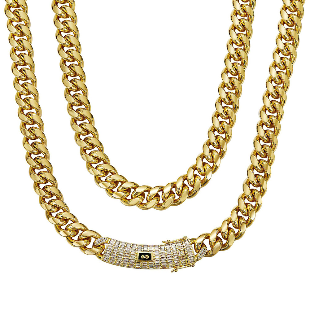 6-14mm Solid Stainless Steel Miami Cuban Chain Necklace Bracelets T Zircon Long Clasp 14K Gold Plated Jewelry