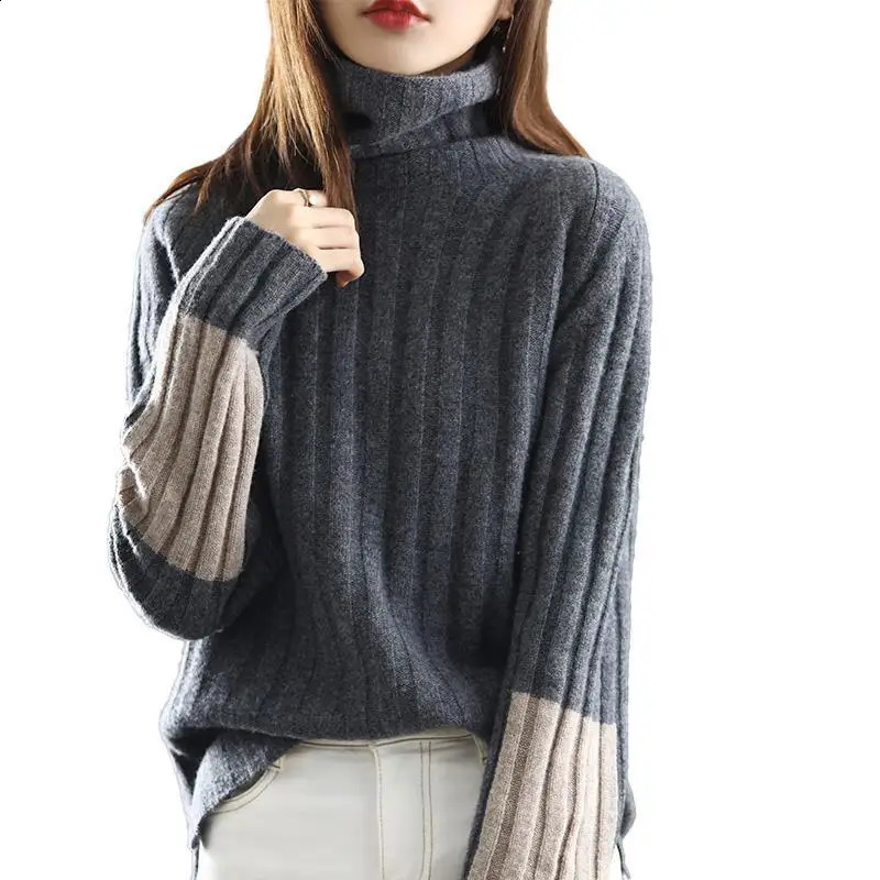 Autumn Simplicity Screw Thread Knitting Turtleneck Long Sleeve Pullovers Women Clothes Fashion Patchwork Warm Sweater Ladies 240824