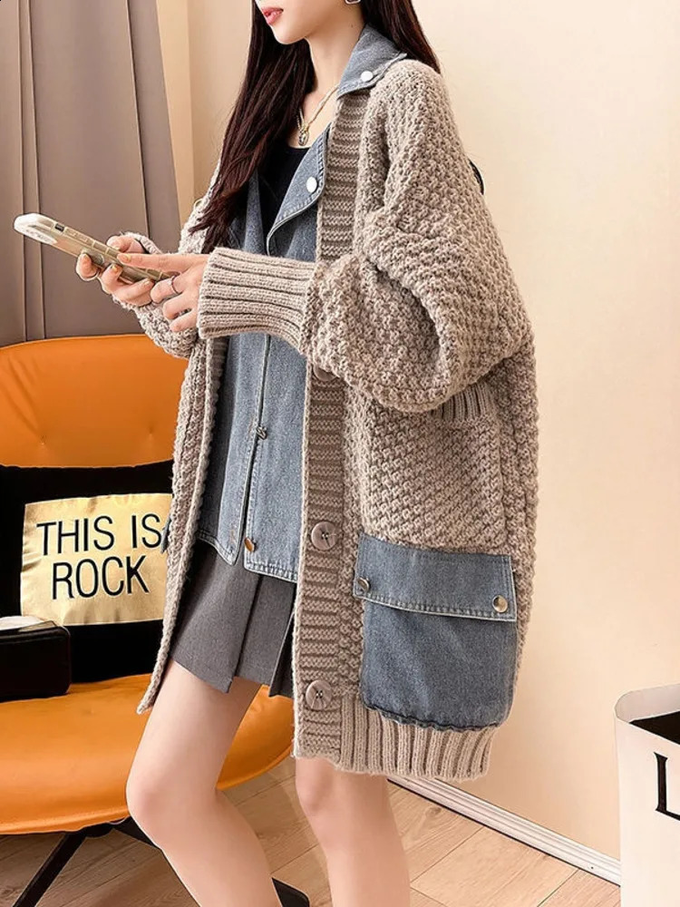 2023 Autumn Winter Arrivals Denim Stitched Sweater Coat Womens Loose Thickened Knitted Cardigan Top Women 240824
