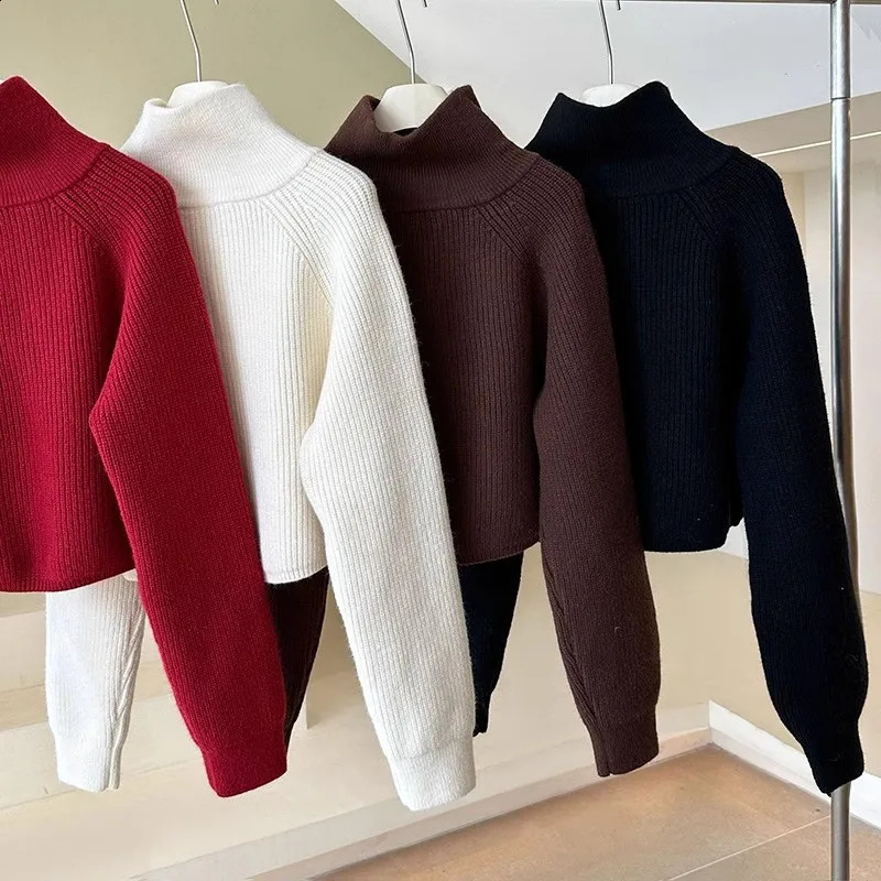 Solid Sweater Women Autumn Winter Korean Half Turtleneck Zipper Knitted Pullover Thick Vintage Fashion Tops Clothes 240824