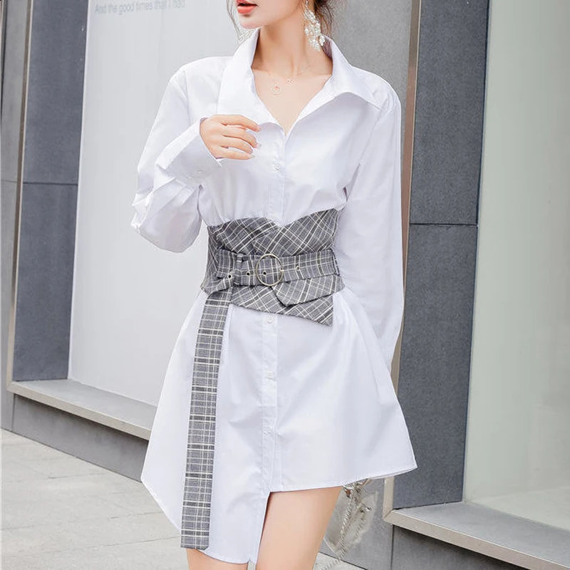 Womens Fashion Vintage Plaid Belt Asymmetrical n Elegant Mini Dress Autumn Office Lady Long Sleeve Slim Chic Shirt Dresses 240824