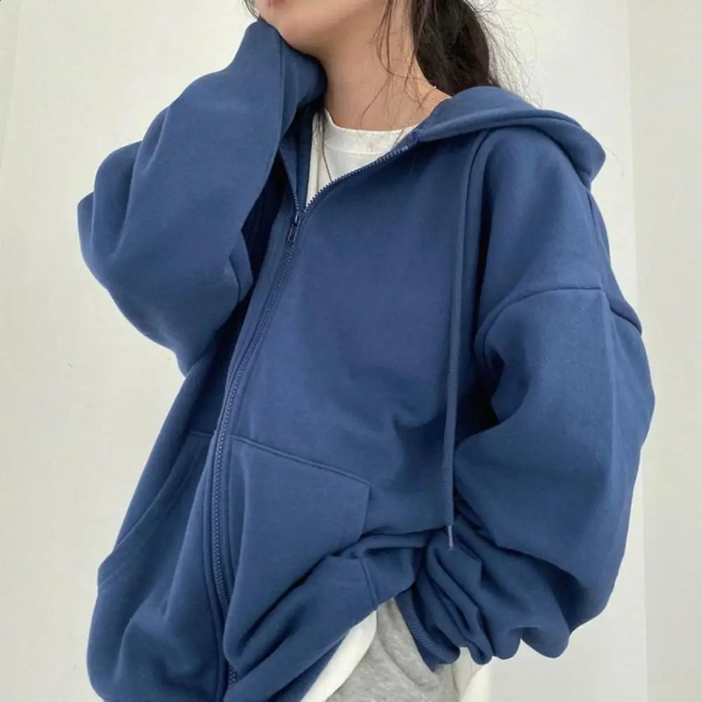 Women Zip-up Hoodie Thick Hooded Womens Winter Coat with Zipper Closure Drawstring Long Sleeve Solid Color Jacket for Autumn 240824