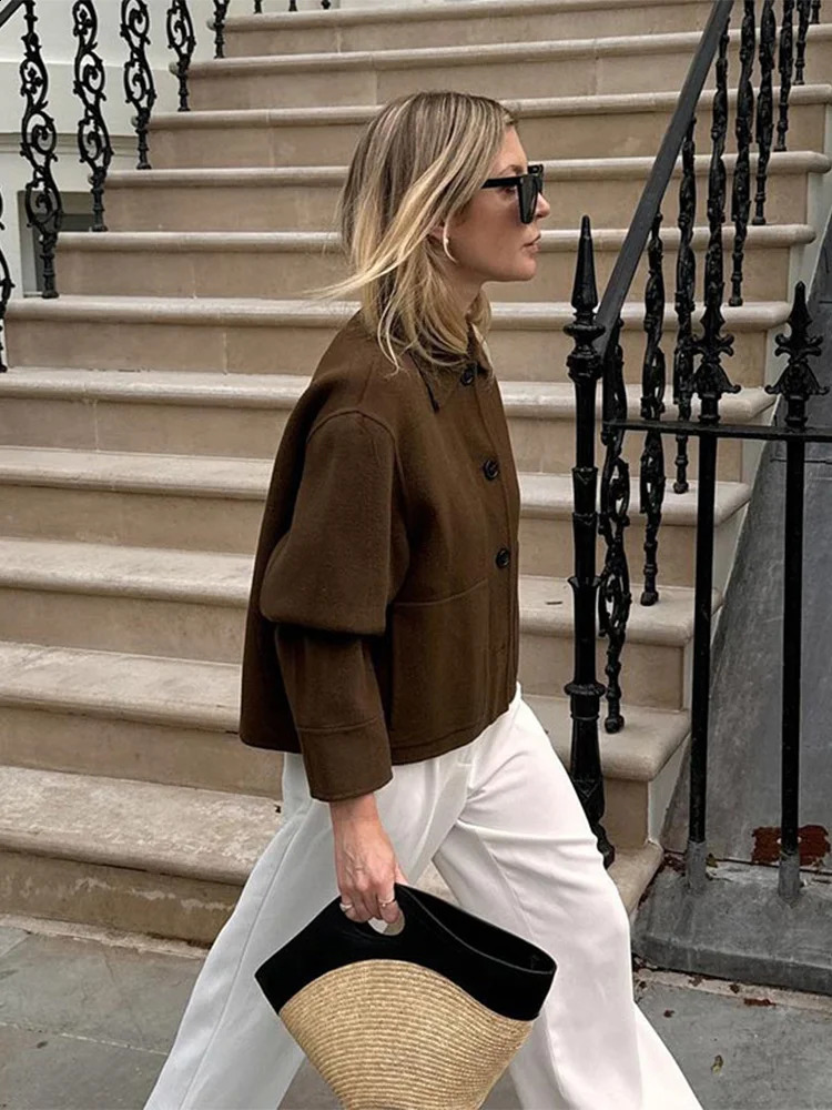 Women Fashion Solid Blends Jacket Chic Lapel Long Sleeves Singlebreasted Short Coat 2024 Autumn Lady Casual Streetwear 240824