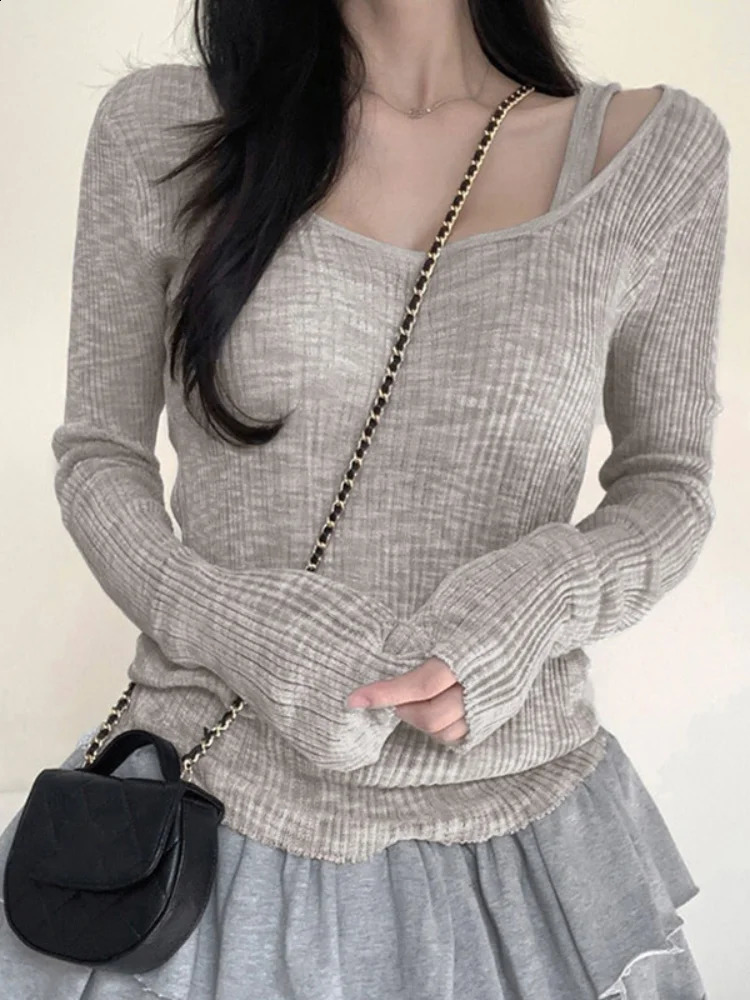 HOUZHOU Y2k Vintage Solid Knitted Pullovers Women Korean Style Elegant Office Siren Long Sleeve Base Slim Sweater Antumn 240824