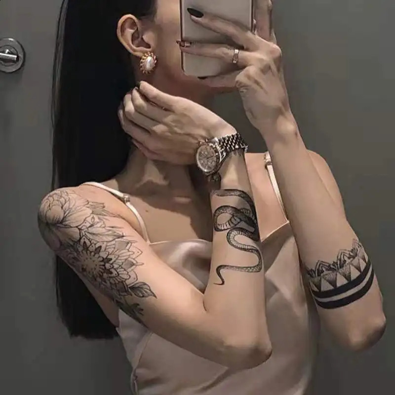 100 pieces of flower arm snake waterproof temporary tattoo stickers for mens large-sized black cool fashion personalized art fake tattoo set 240823