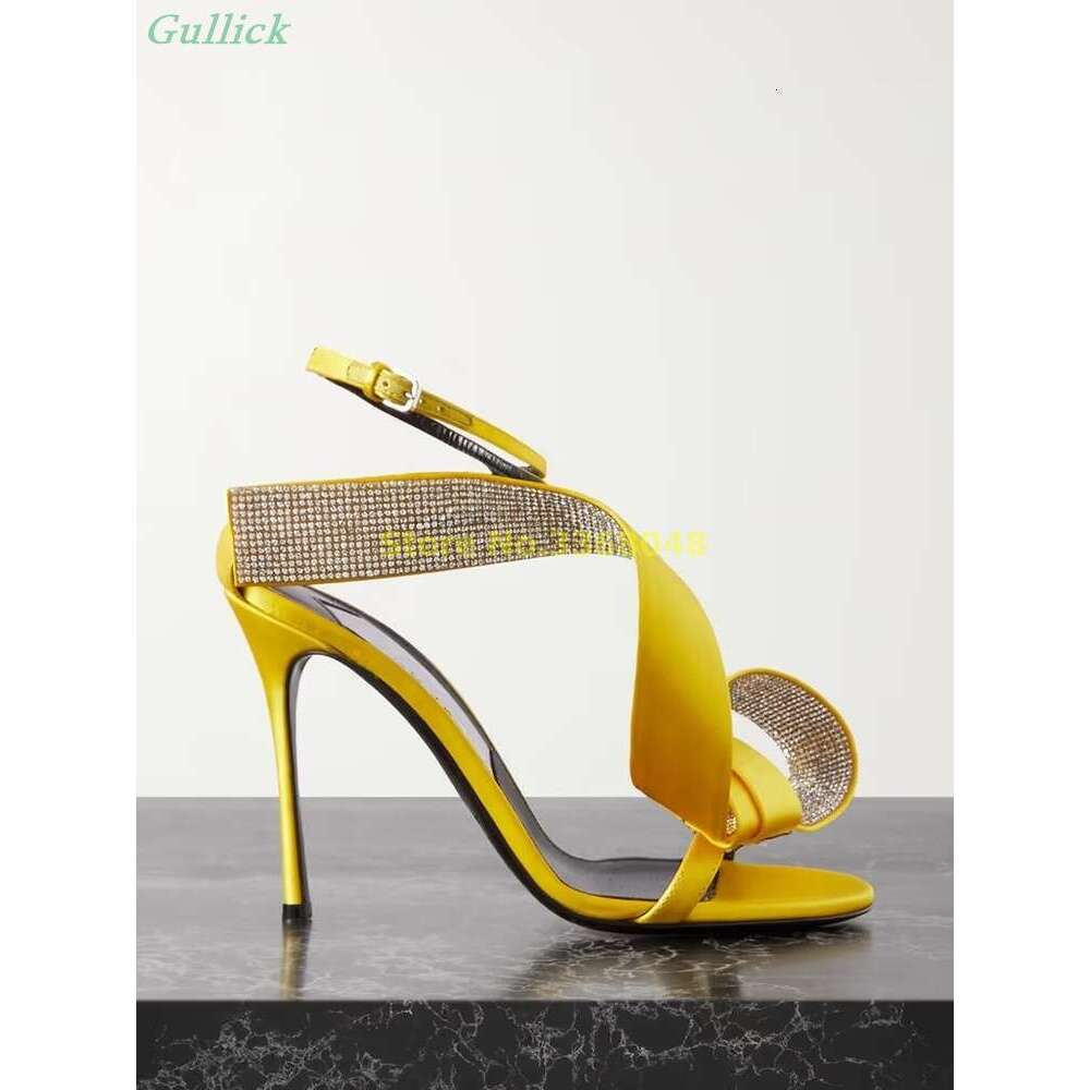 Crystal-Embellished Satin Yellow Rosy Red Thin Heel Ankle Cross Strap Crystal Women Summer Sandals High Heels
