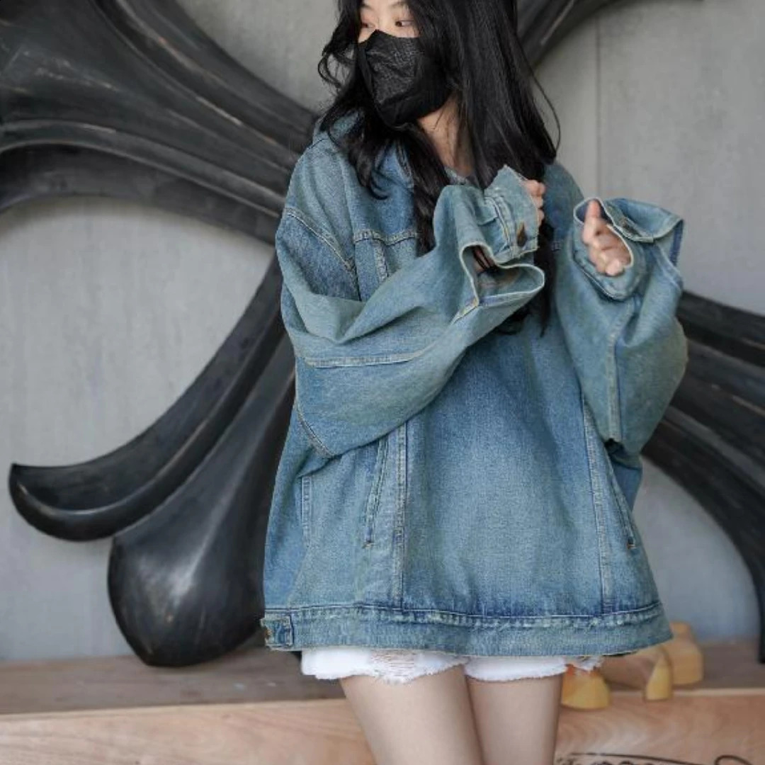 mens retro denim jacket womens hooded sports shirt long sleeved floral casual loose top 240824