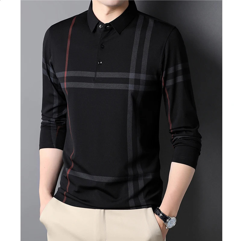 Spring Autumn Business Casual Slim Polo Shirts Men Korean Fashion Striped Lapel Button Long Sleeve T-shirt Ropa Hombre 240824