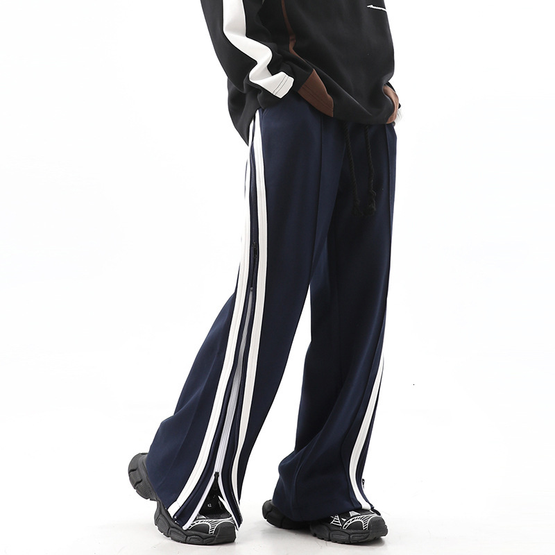 American High Street Double Zipper Striped Hanging Wide Leg Pants for Men Spring Casual Sports Pants Design Pants