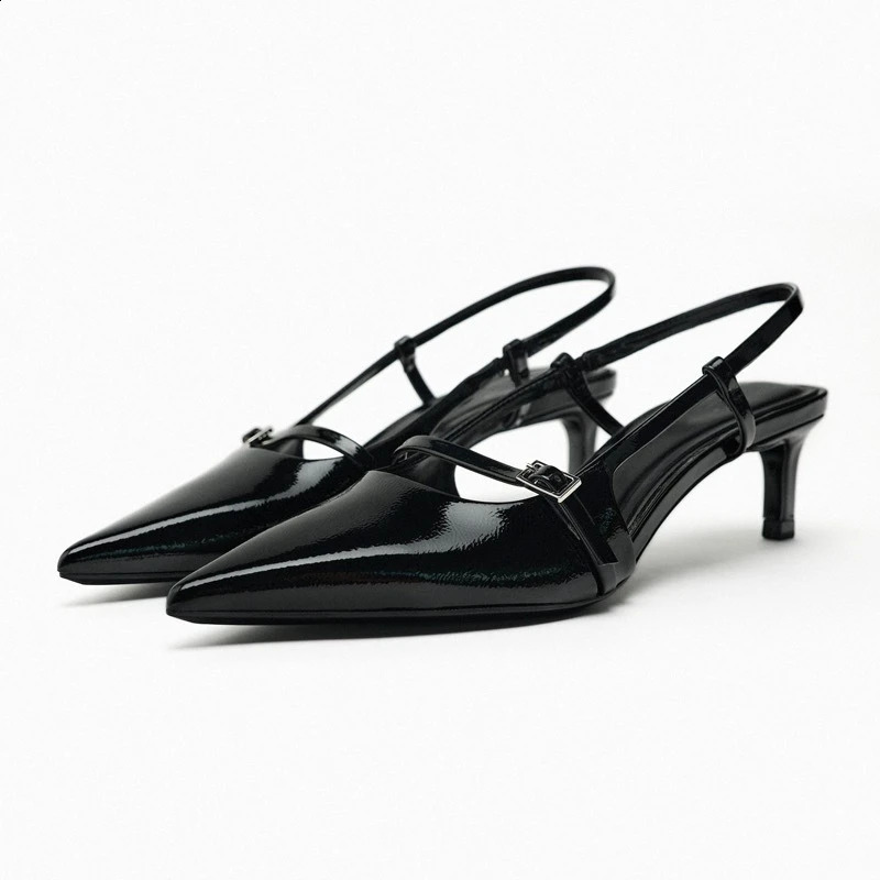 High heels womens sandals 2024 summer elegant black dot toe shallow office suspender slim high heels chic buckle womens mule shoes 240823